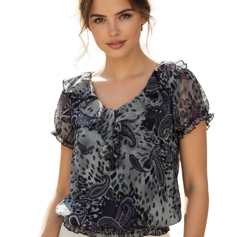 Agenda Babydoll Blouson Top Women L Petite Gray Paisley Puff Sleeve Ruffle Y2K
